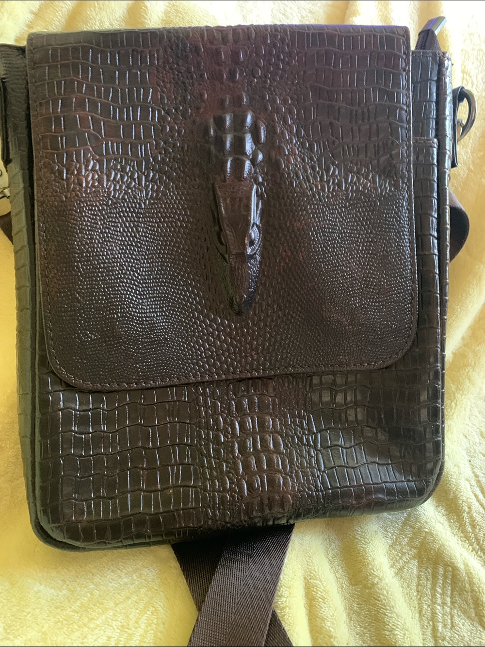 Brown Croc-Embossed Leather Crossbody Bag